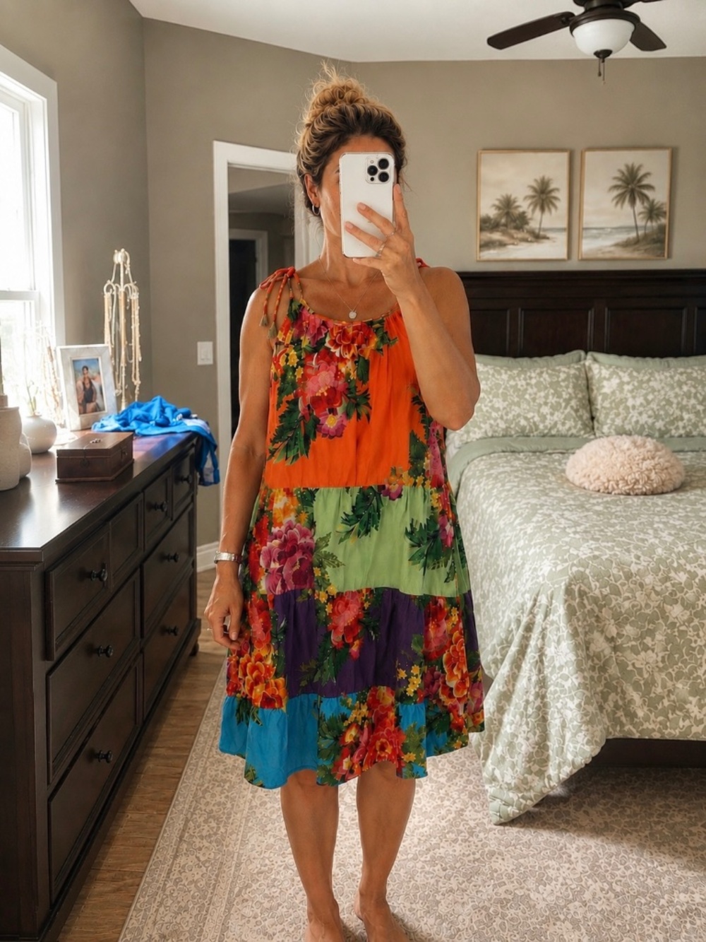 FARM Rio Orange Mixed Floral Tiered Mini Dress in like New- Sz M Tropical Tie